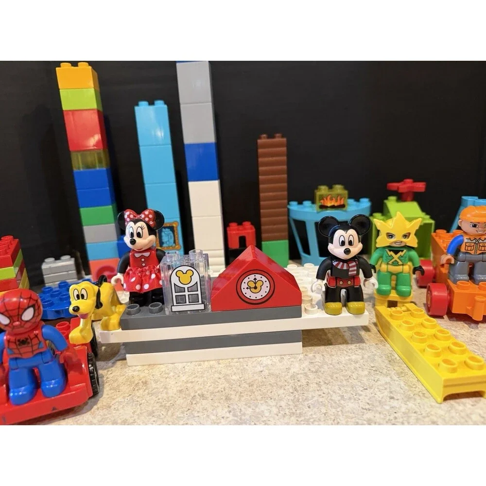 Lego Duplo Huge Lot 9 Figures Mickey Minnie Spiderman Pluto + Bricks Vehicles